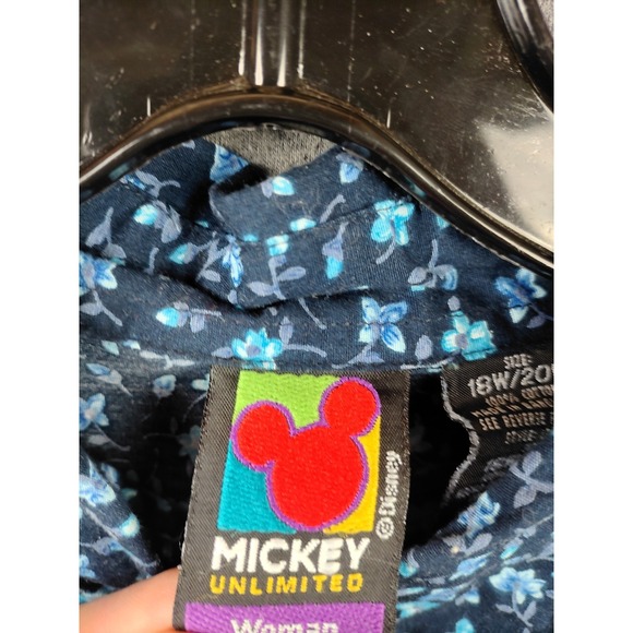 Mickey Womens Shirt‎ Plus 18W 20W Blue Ditsy Floral Embroidered Mickey Vtg Logo - Picture 5 of 11